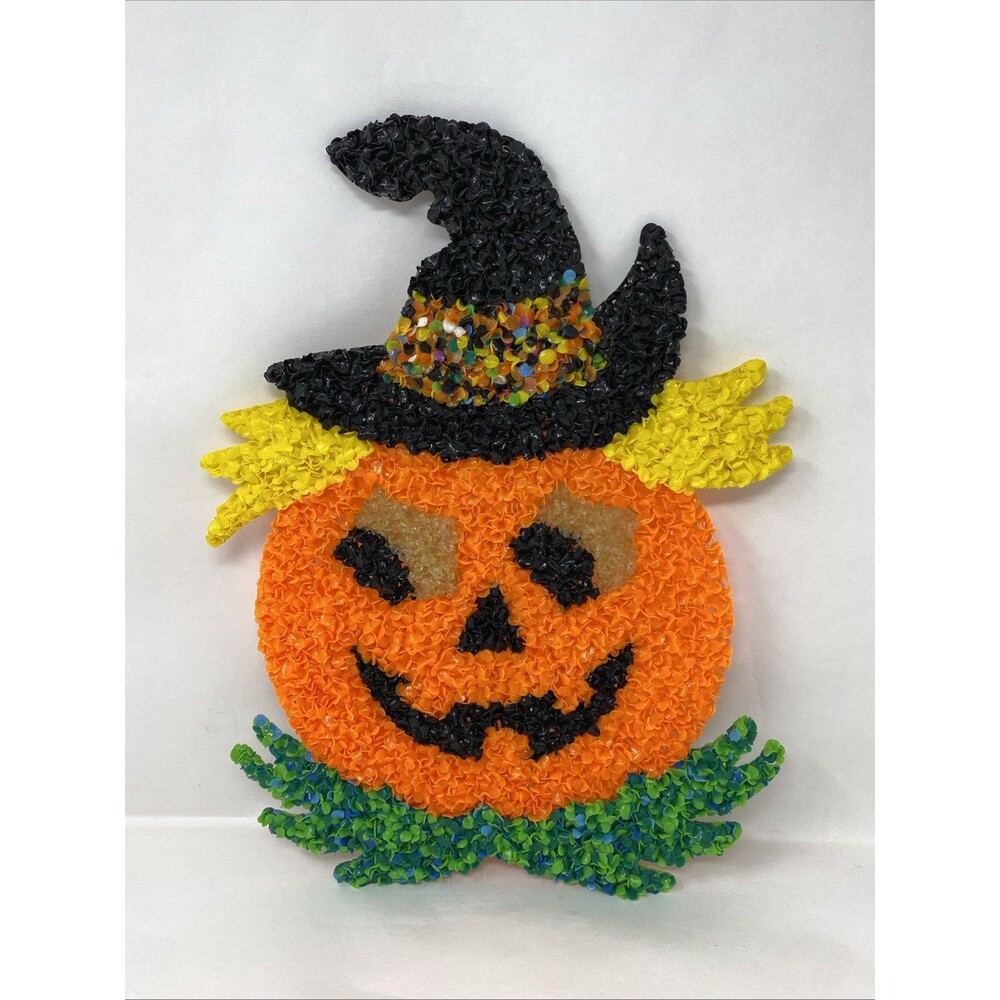 Vtg Melted Plastic Popcorn Jack O Lantern Halloween Decoration Pumpkin JOL Wall